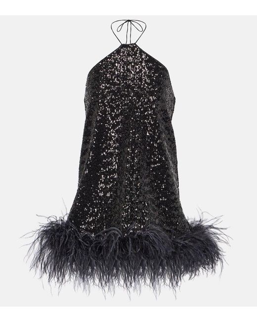 Oseree Black Paillettes Feather-trimmed Minidress