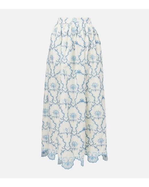 Agua Bendita Blue Tangelo Floral Linen Maxi Skirt