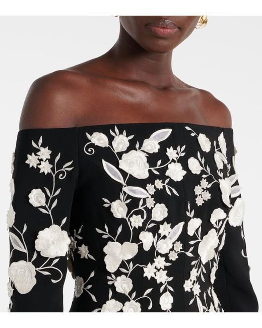Carolina Herrera Black Embroidered Off-Shoulder Midi Dress