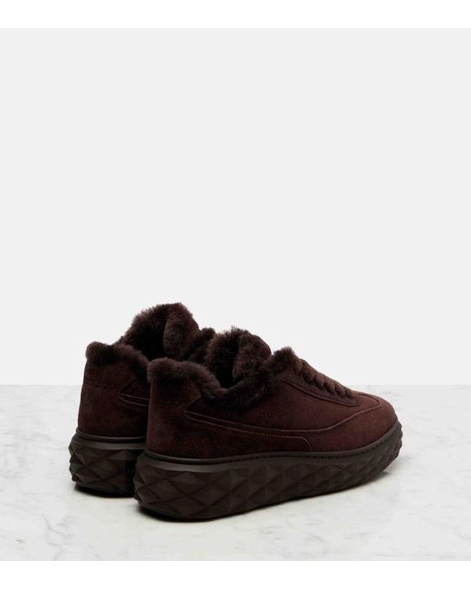 Jimmy Choo Brown Diamond Maxi Shearling-Trimmed Suede Sneakers