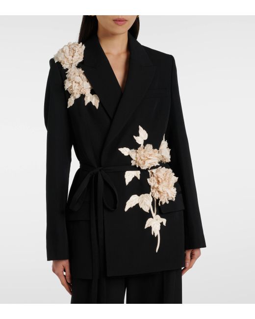 Erdem Black Floral-applique Wool Grain De Poudre Jacket