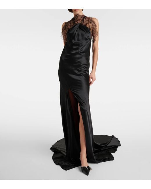 Givenchy Black Halterneck Lace-trimmed Silk Satin Gown