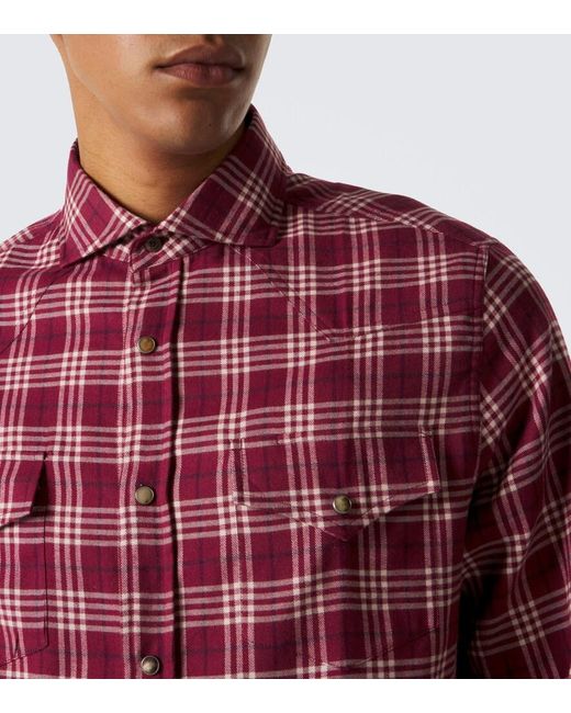 Brunello Cucinelli Red Checked Cotton-Blend Flannel Shirt for men