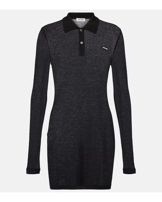 Miu Miu Black Ribbed-Knit Cotton Jersey Polo Dress