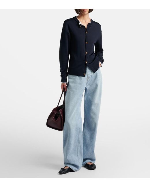 Bottega Veneta Blue Intrecciato Leather-Trimmed Wide-Leg Jeans