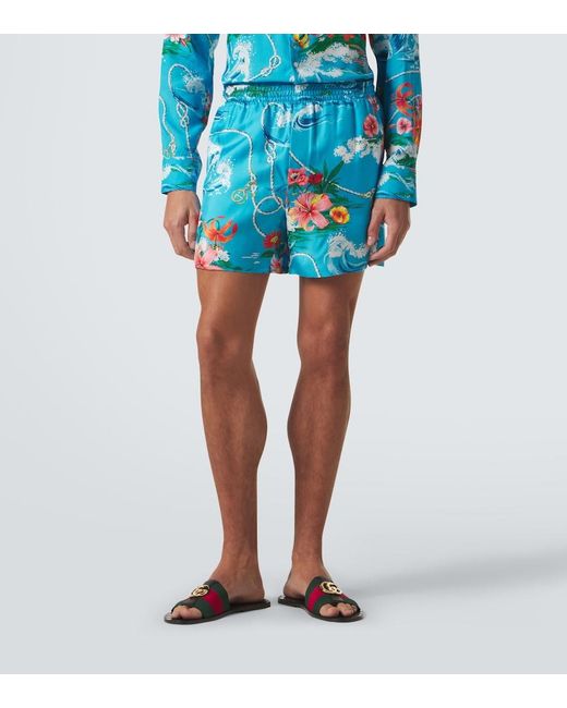 Gucci Blue Printed Silk Twill Shorts for men