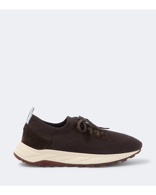Fedeli Brown Knitted Suede-Trimmed Sneakers for men