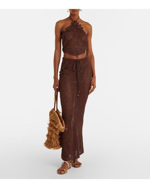 Bananhot Brown Cori Open-Knit Halterneck Lame Crop Top