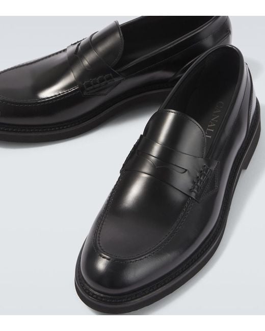 Canali Black Leather Penny Loafers for men