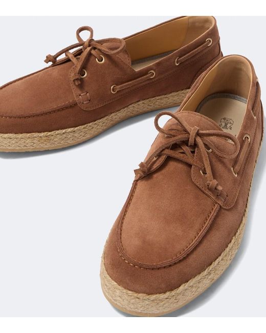 Brunello Cucinelli Brown Jute-Trimmed Suede Boat Shoes for men