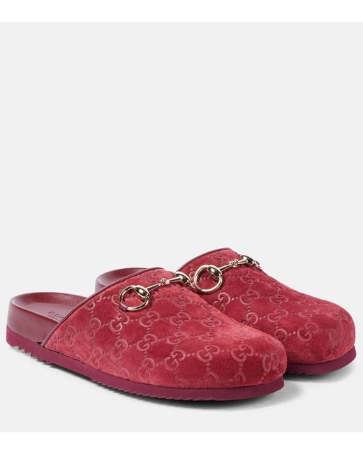 Gucci Red Horsebit Gg Suede Mules