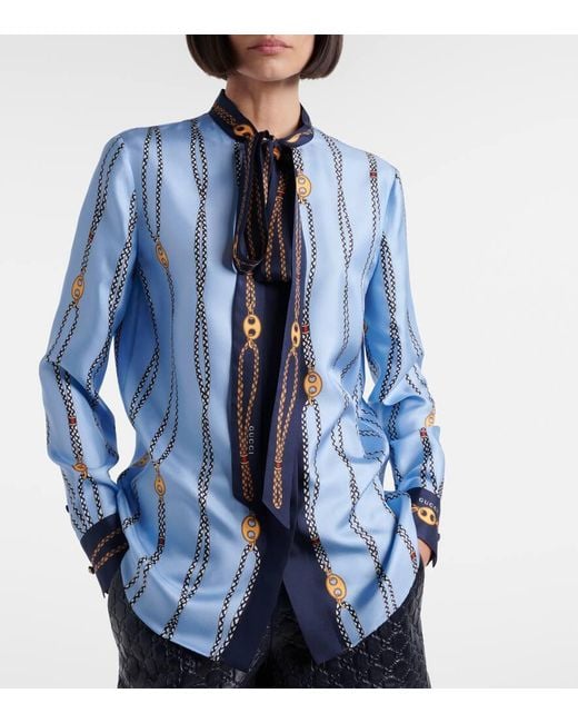 Gucci Blue Printed Tie-Neck Silk Twill Shirt