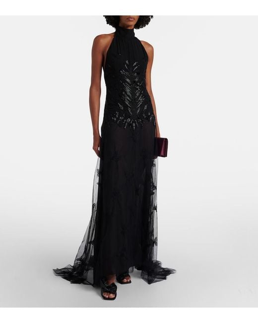 Blumarine Black Embellished Georgette And Lace Maxi Dress