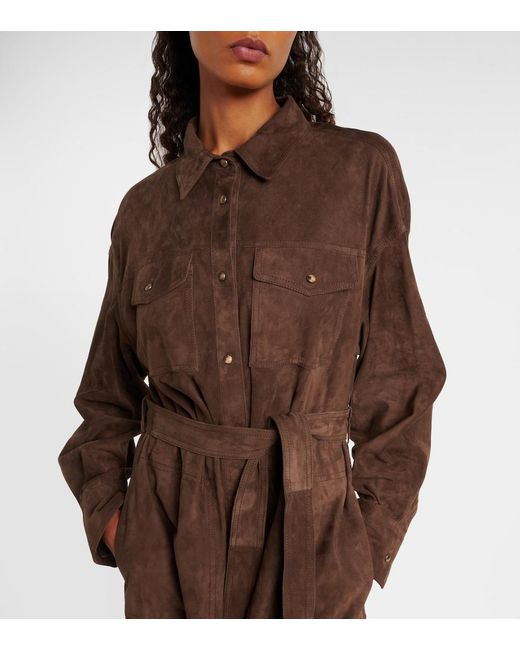 Vestido Camisero De Ante Con Cuentas Monili Brunello Cucinelli de color Brown
