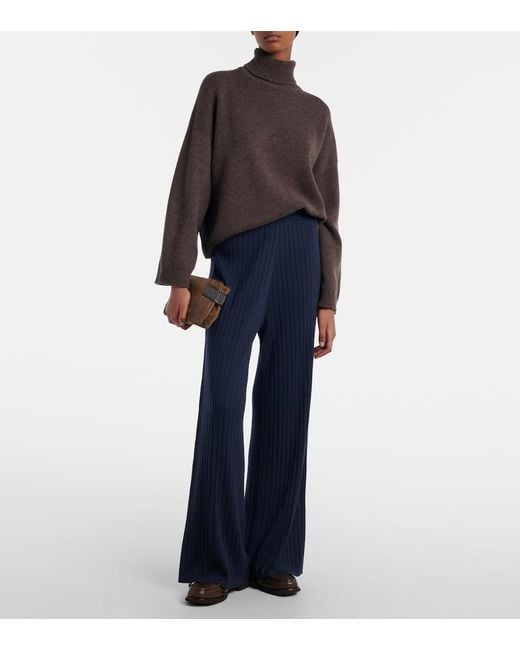 Brunello Cucinelli Blue Ribbed-Knit Wool And Cashmere Wide-Leg Pants