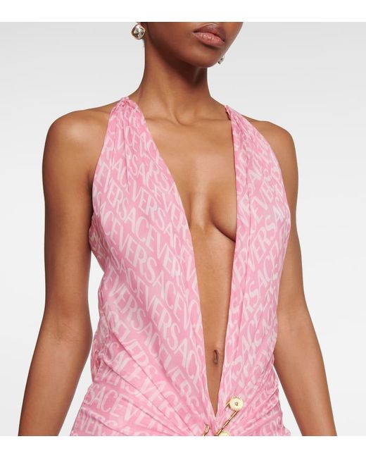 Versace Pink Safety Pin Logo Halterneck Gown