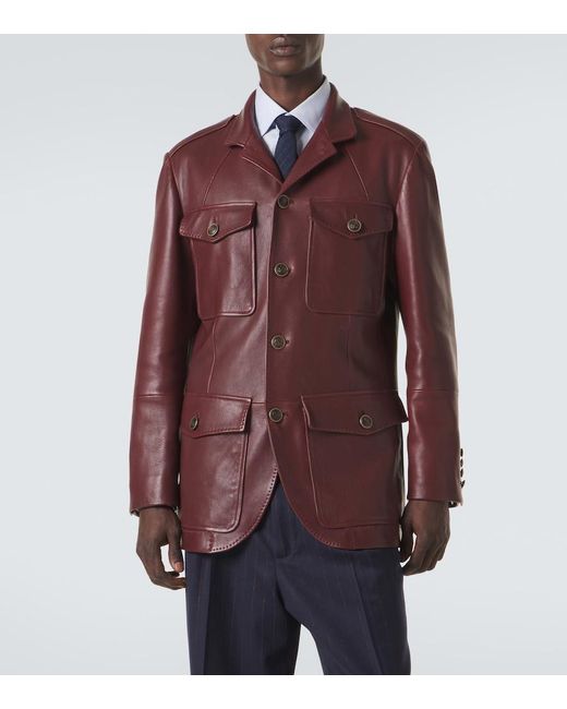 Brunello Cucinelli Red Leather Field Jacket for men