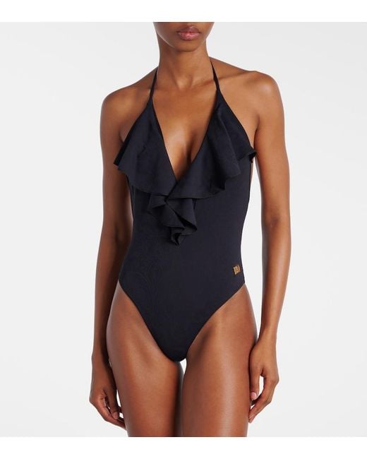 Balmain Black Frilled Swimsuit
