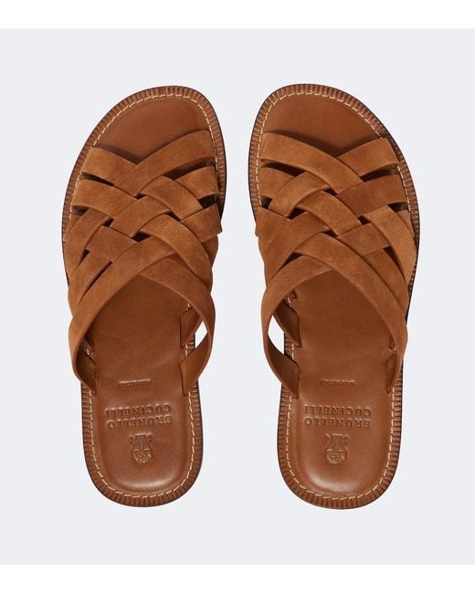 Brunello Cucinelli Brown Woven Suede Sandals for men