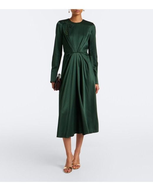 Erdem Green Floral-Applique Satin Seersucker Midi Dress