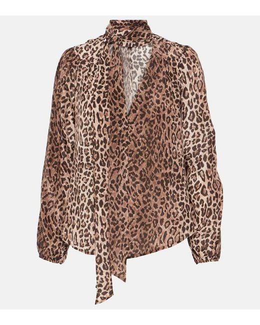 Rixo Brown Moss Leopard-print Silk Blouse