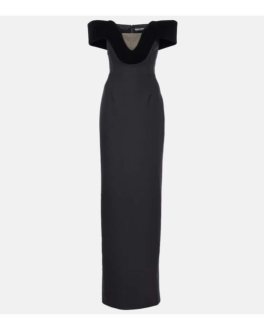 David Koma Black Off-Shoulder Wool-Blend Velvet Gown