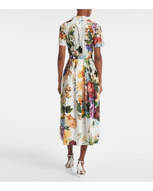 Dolce & Gabbana White Pleated Floral-Print Cotton-Poplin Midi Dress