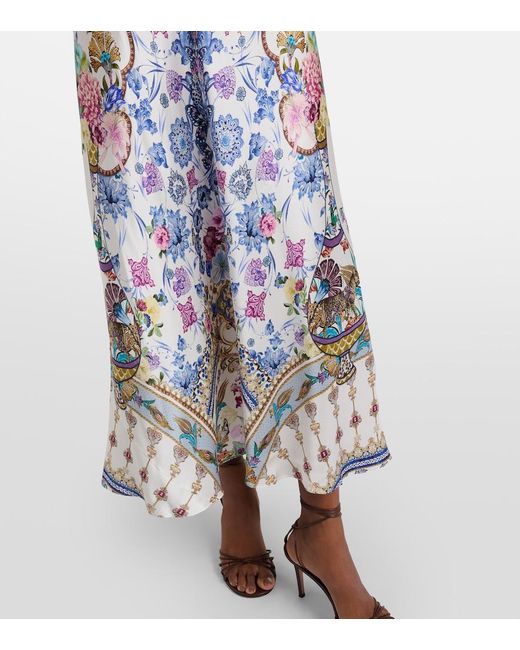 Camilla Blue Embellished Printed Silk Satin Midi Dress