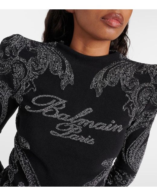 Balmain Black Logo Paisley Cotton-Blend Jersey Top