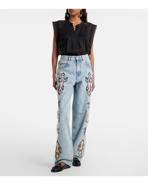 Isabel Marant Blue Maella Embroidered Fringed Straight Jeans