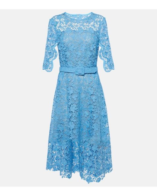 Oscar de la Renta Blue Belted Lace Midi Dress