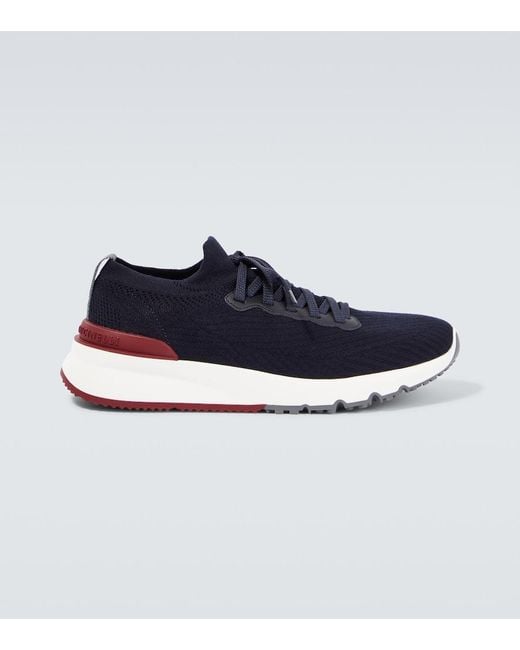 Brunello Cucinelli Blue Knitted Leather-Trimmed Sneakers for men