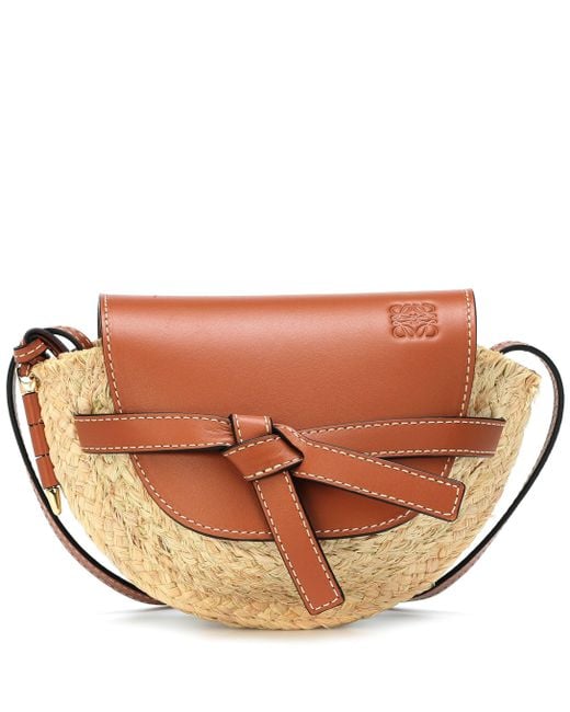 Loewe Gate Shoulder Bag Leather and Straw Mini Brown