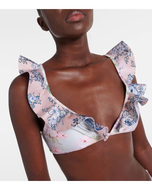 Zimmermann Pink Halliday Ruffled Floral Bikini Top