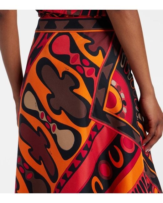 Emilio Pucci Red Soleil Asymmetric Silk Twill Midi Skirt