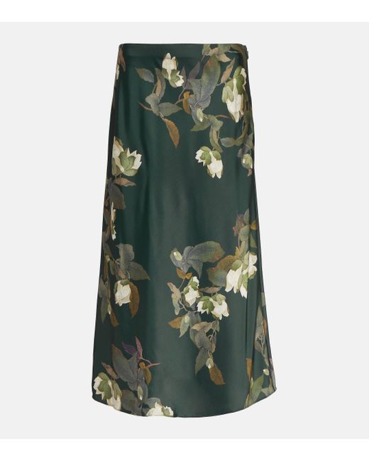 Vince Green Floral Silk Satin Midi Skirt