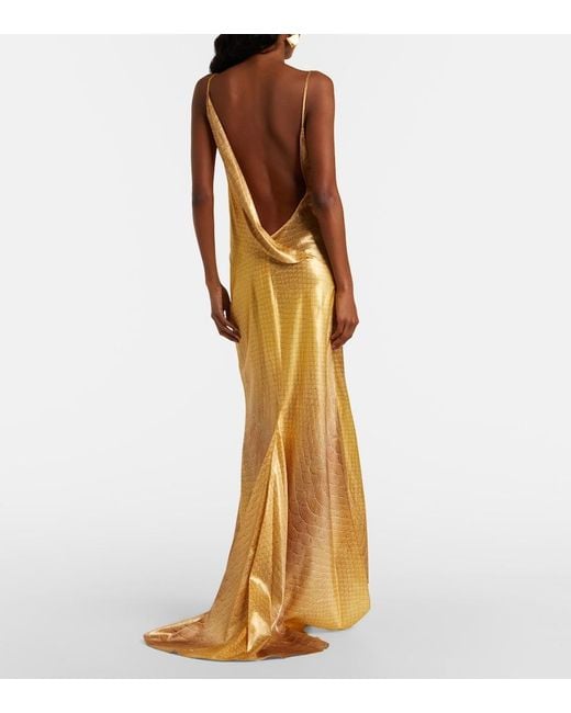 Roberto Cavalli Metallic Snake-Print Silk Gown