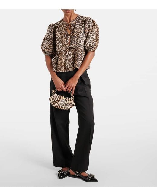 Ganni Brown Leopard-print Cotton Poplin Blouse