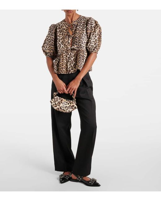 Ganni Brown Leopard-Print Cotton Poplin Blouse