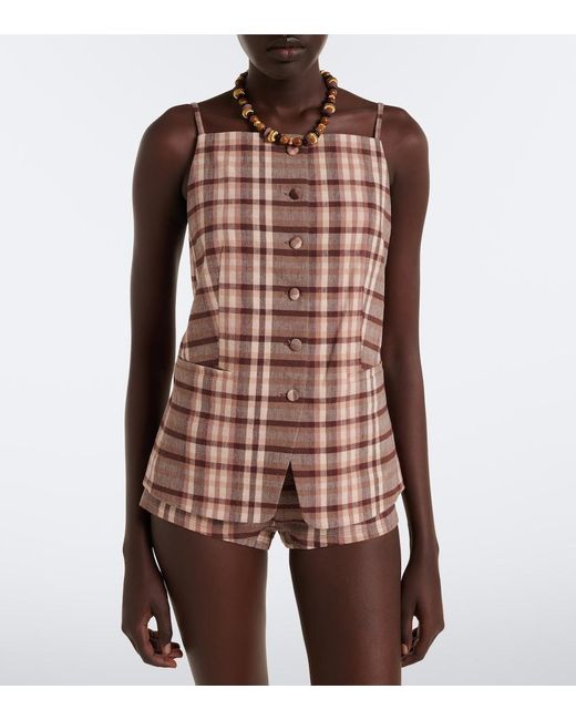 Staud Pink Nilo Checked Linen-Blend Shorts