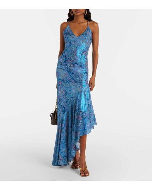 Etro Blue Paisley Asymmetric Ruffled Midi Dress