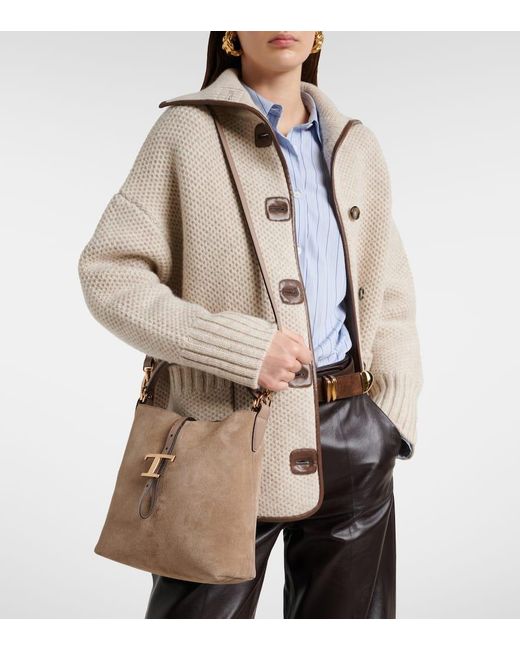 Tod's Brown T Timeless Suede Tote Bag