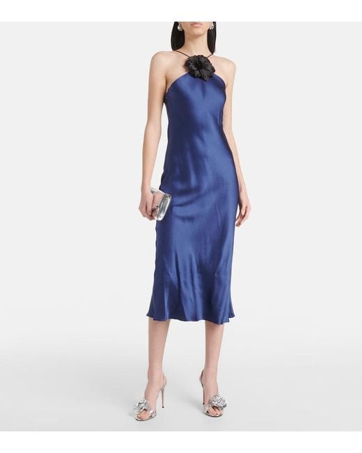 Rodarte Blue Floral-Applique Silk Midi Dress