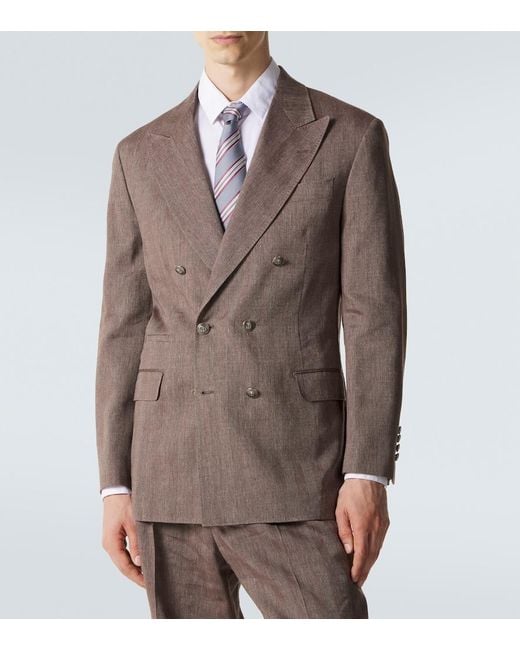 Brunello Cucinelli Brown Herringbone Linen And Wool Suit for men