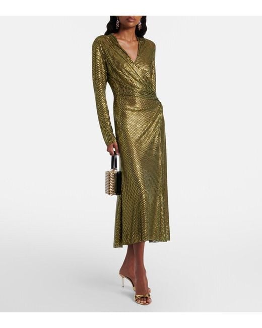 Self-Portrait Green Gathered Rhinestone-Embellished Midi Dress