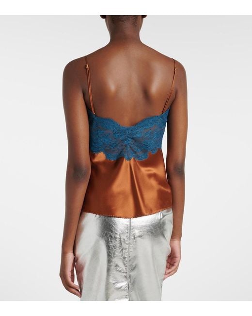 Saint Laurent Blue Lace-Trimmed Silk Satin Camisole