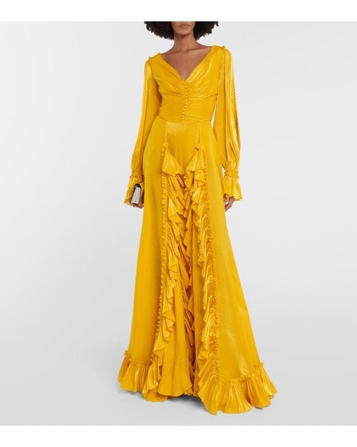 Costarellos Yellow Ruffle-Trimmed Gown