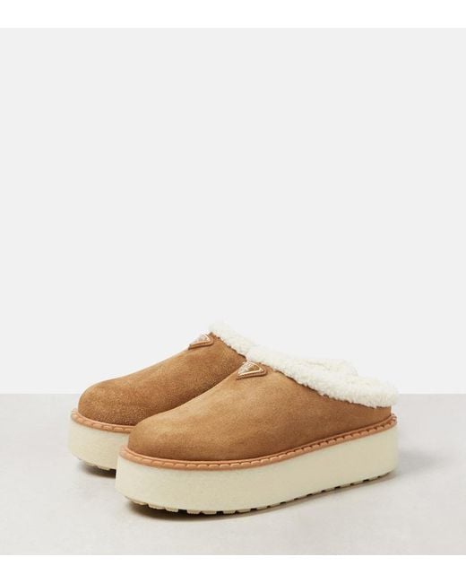Prada Brown Evolve Shearling-Lined Suede Platform Mules