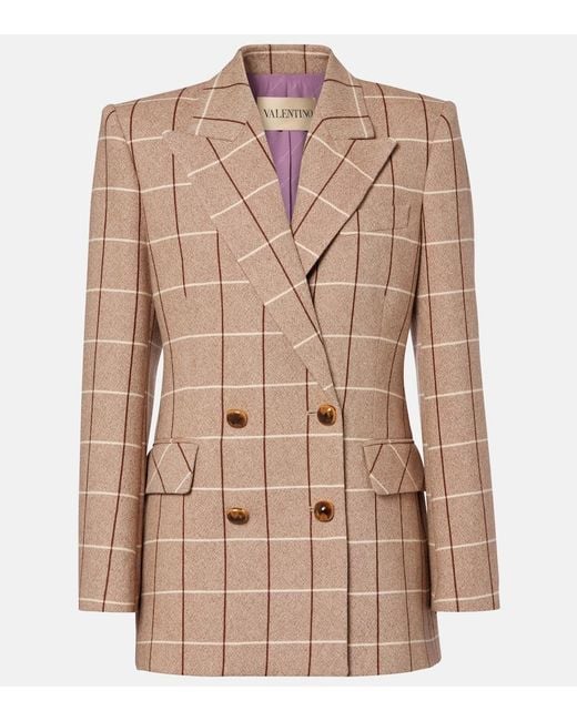 Valentino Brown Checked Double-Breasted Virgin Wool Blazer
