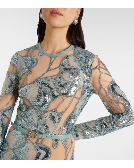 Elie Saab White Embroidered Silk-Blend Gown